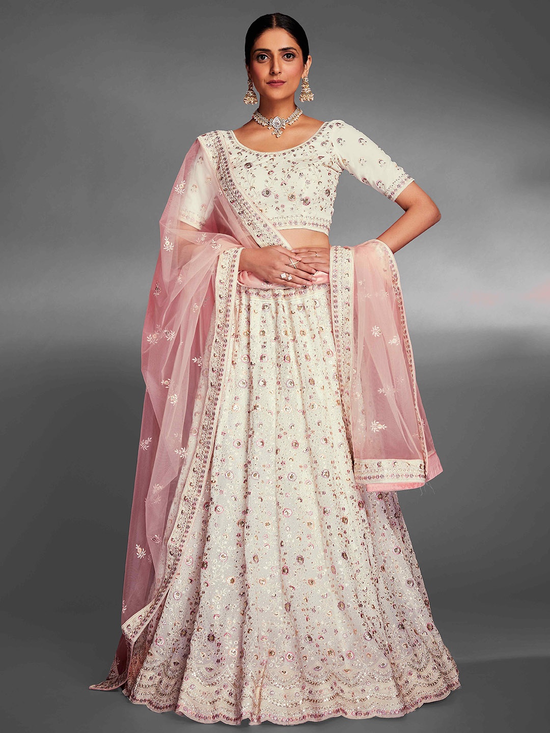 

Fusionic Embroidered Sequinned Semi-Stitched Lehenga & Unstitched Blouse With Dupatta, Off white