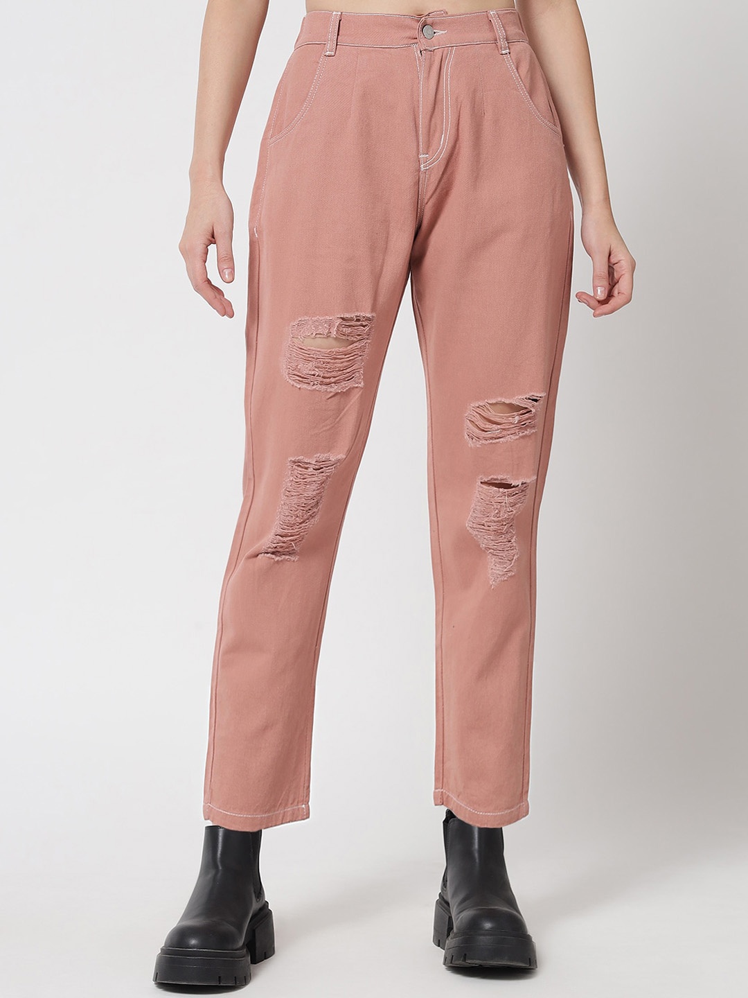 

River Of Design Jeans Women Boyfriend Fit High-Rise Highly Distressed Jeans, Coral
