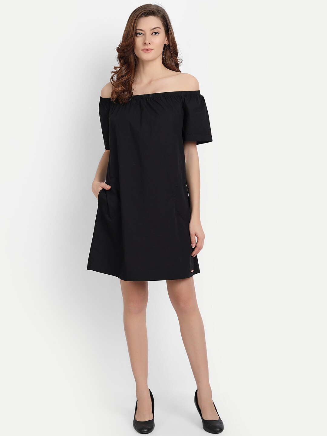 

River Of Design Jeans Off-Shoulder Cotton A-Line Dress, Black