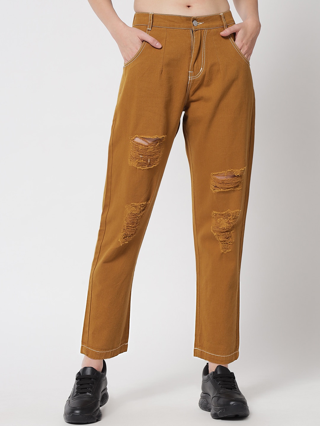

River Of Design Jeans Women Boyfriend Fit High-Rise Highly Distressed Cotton Jeans, Tan