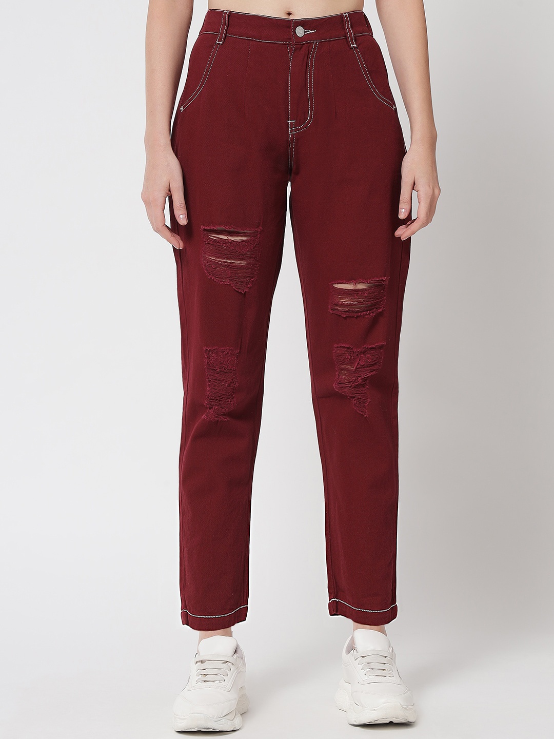 

River Of Design Jeans Women Boyfriend Fit High-Rise Highly Distressed Jeans, Maroon