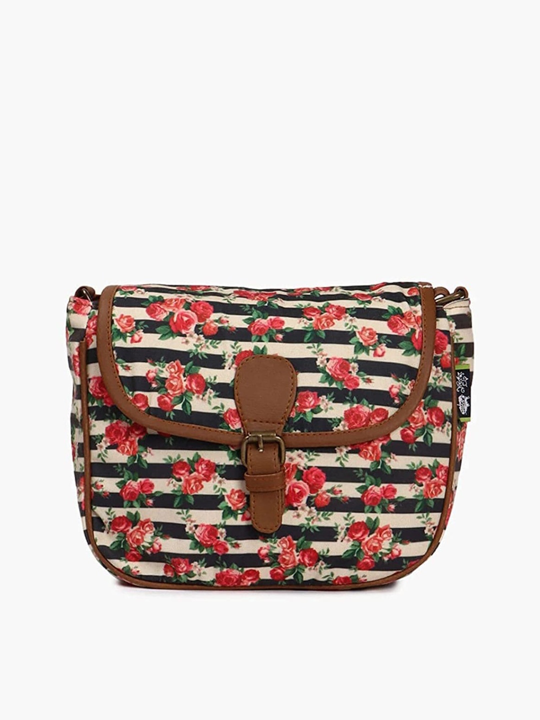 

Kanvas Katha Floral Printed Structured Cotton Sling Bag With Buckle, Beige