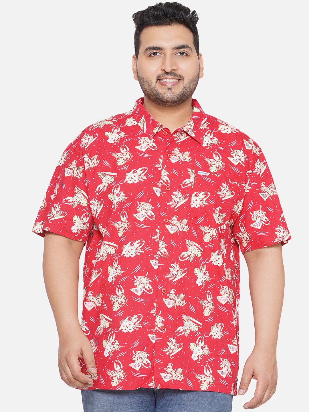 

Santonio Plus Size Floral Printed Classic Pure Cotton Casual Shirt, Red