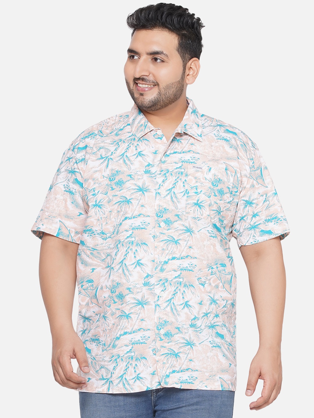 

Santonio Plus Size Tropical Printed Classic Pure Cotton Casual Shirt, White
