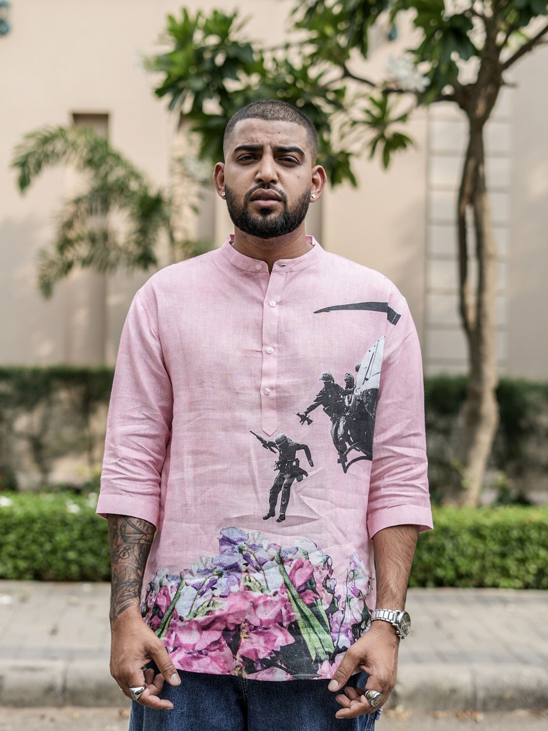 ADDY'S for men Graphic Printed Linen Comfort Opaque Casual Shirt, Pink