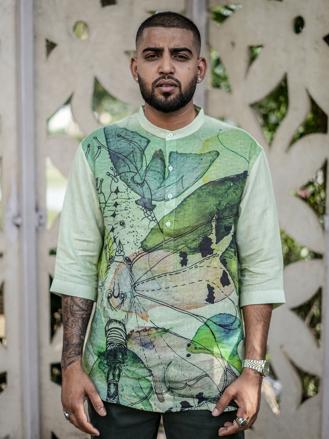 

ADDY'S for men Comfort Abstract Printed Linen Casual Shirt, Lime green