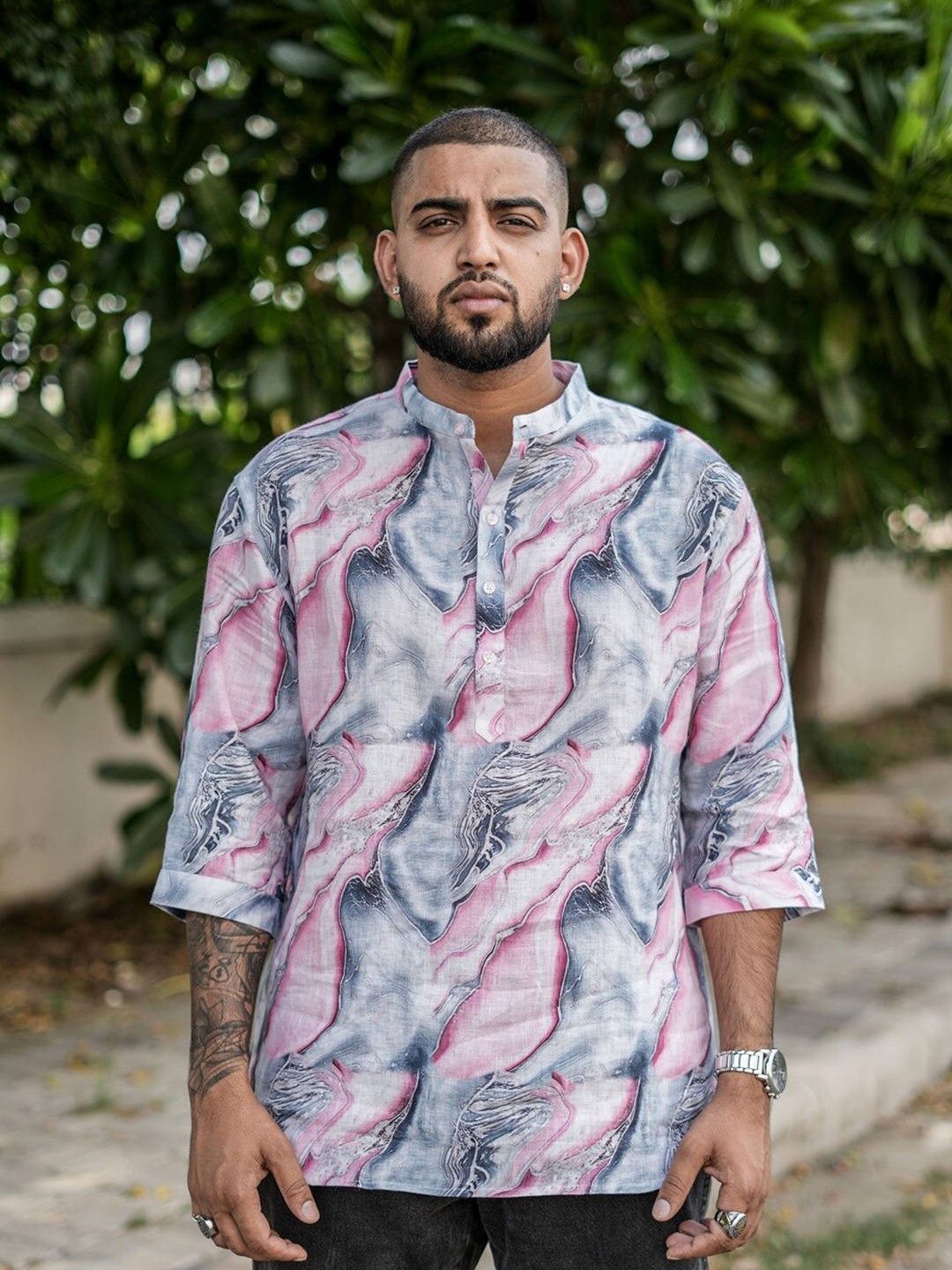 

ADDY'S for men Comfort Abstract Semi Sheer Printed Linen Casual Shirt, White