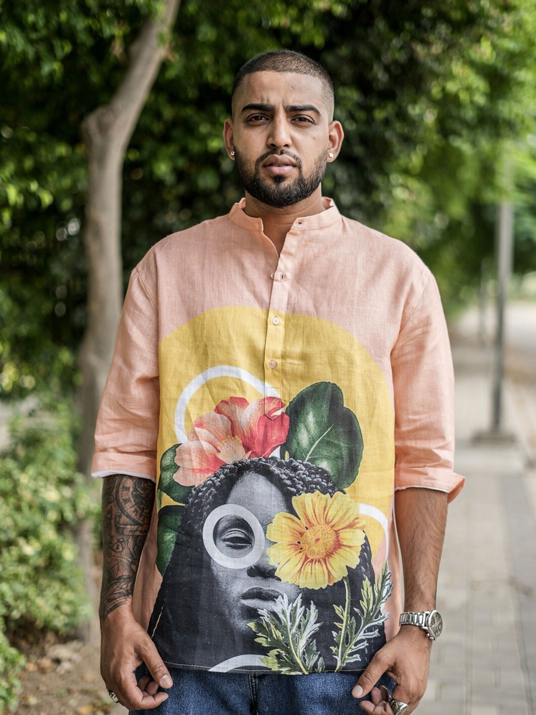 

ADDY'S for men Graphic Printed Linen Comfort Opaque Casual Shirt, Peach