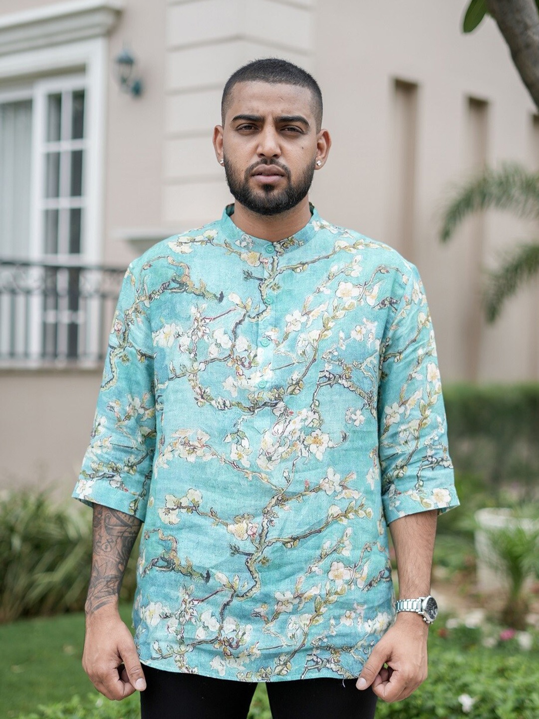 

ADDY'S for men Floral Printed Linen Comfort Opaque Casual Shirt, Blue