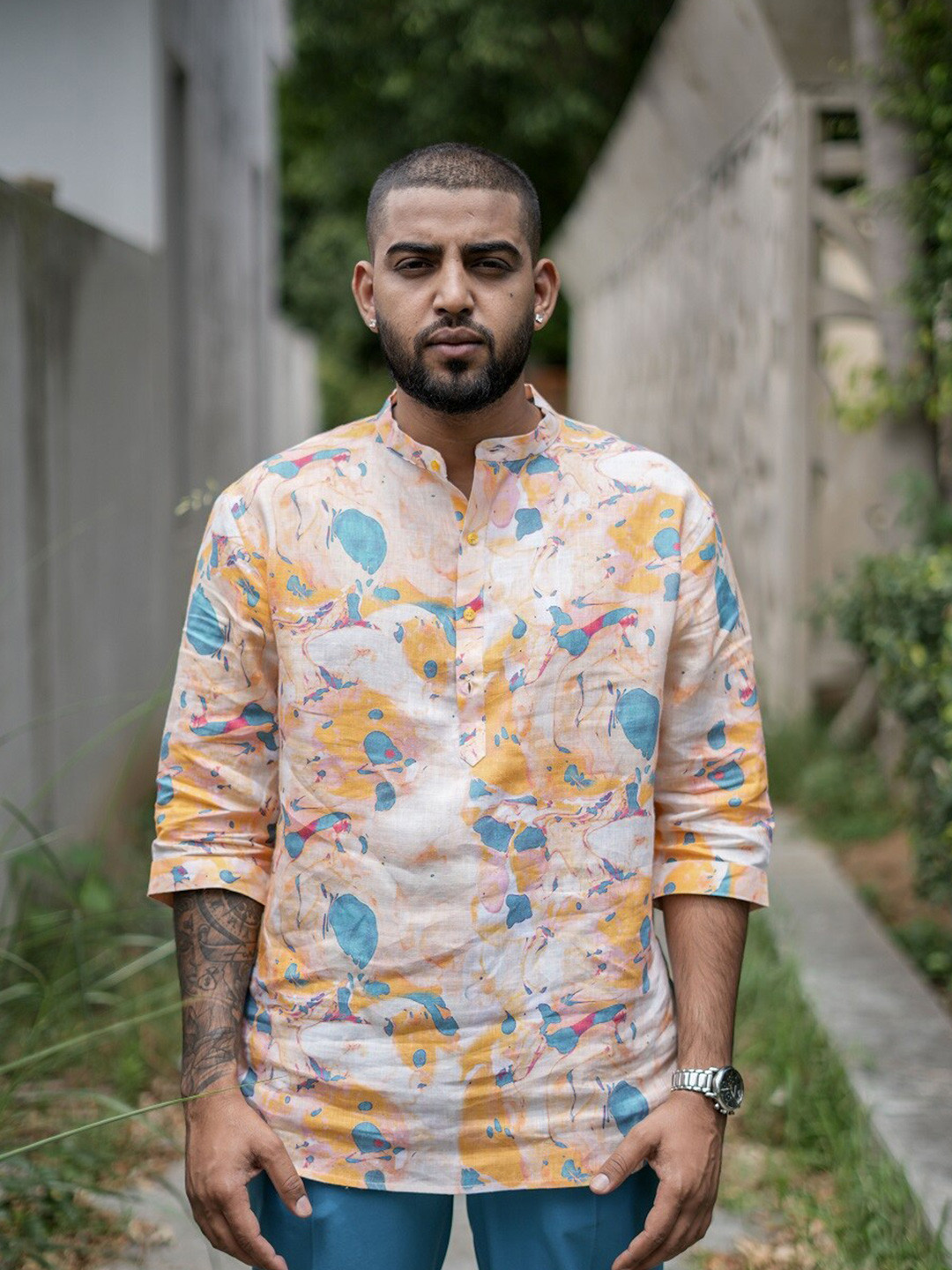

ADDY'S for men Abstract Printed Linen Comfort Opaque Casual Shirt, Off white