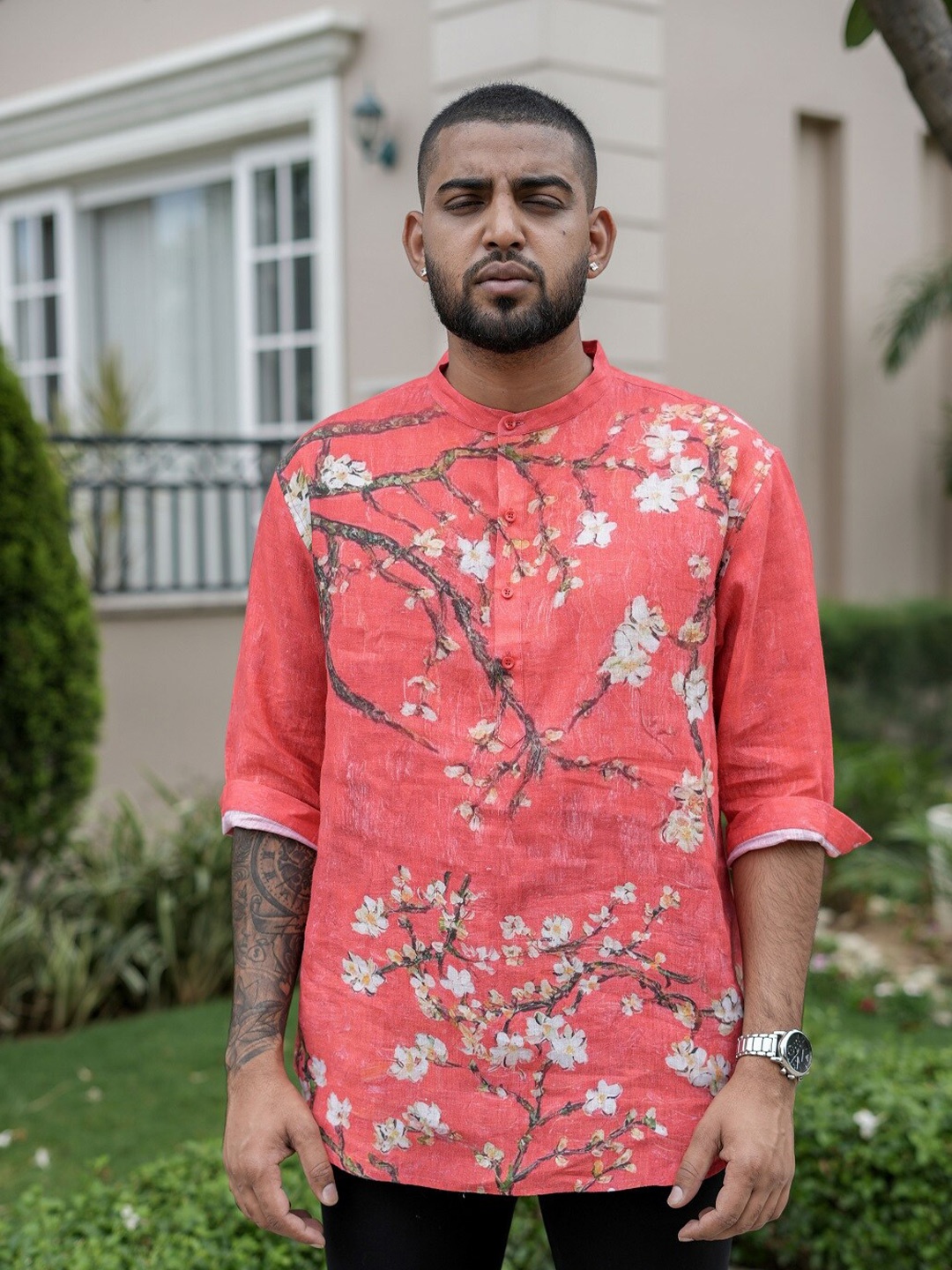 

ADDY'S for men Floral Printed Linen Comfort Opaque Casual Shirt, Coral