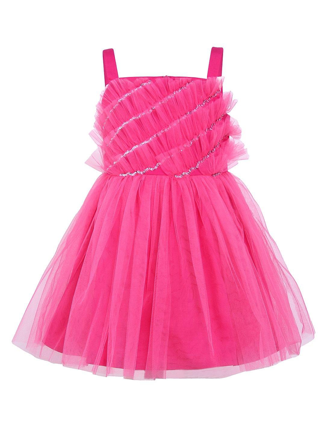 

A Little Fable Girls Embellished Shoulder Straps Ruffled Fit & Flare Dress, Pink