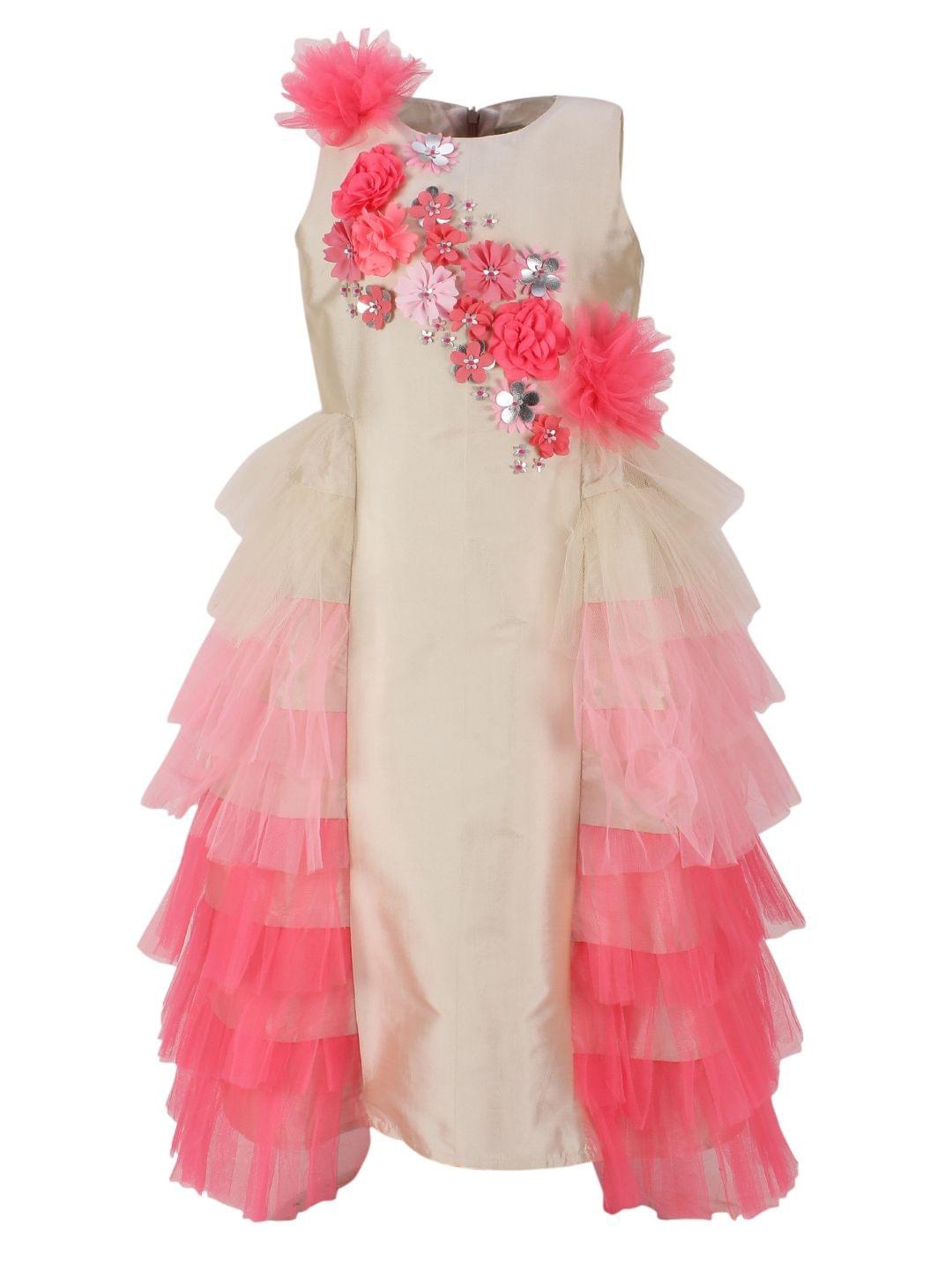 

A Little Fable Girls Embellished Round Neck Ruffled Fit & Flare Maxi Dress, Beige