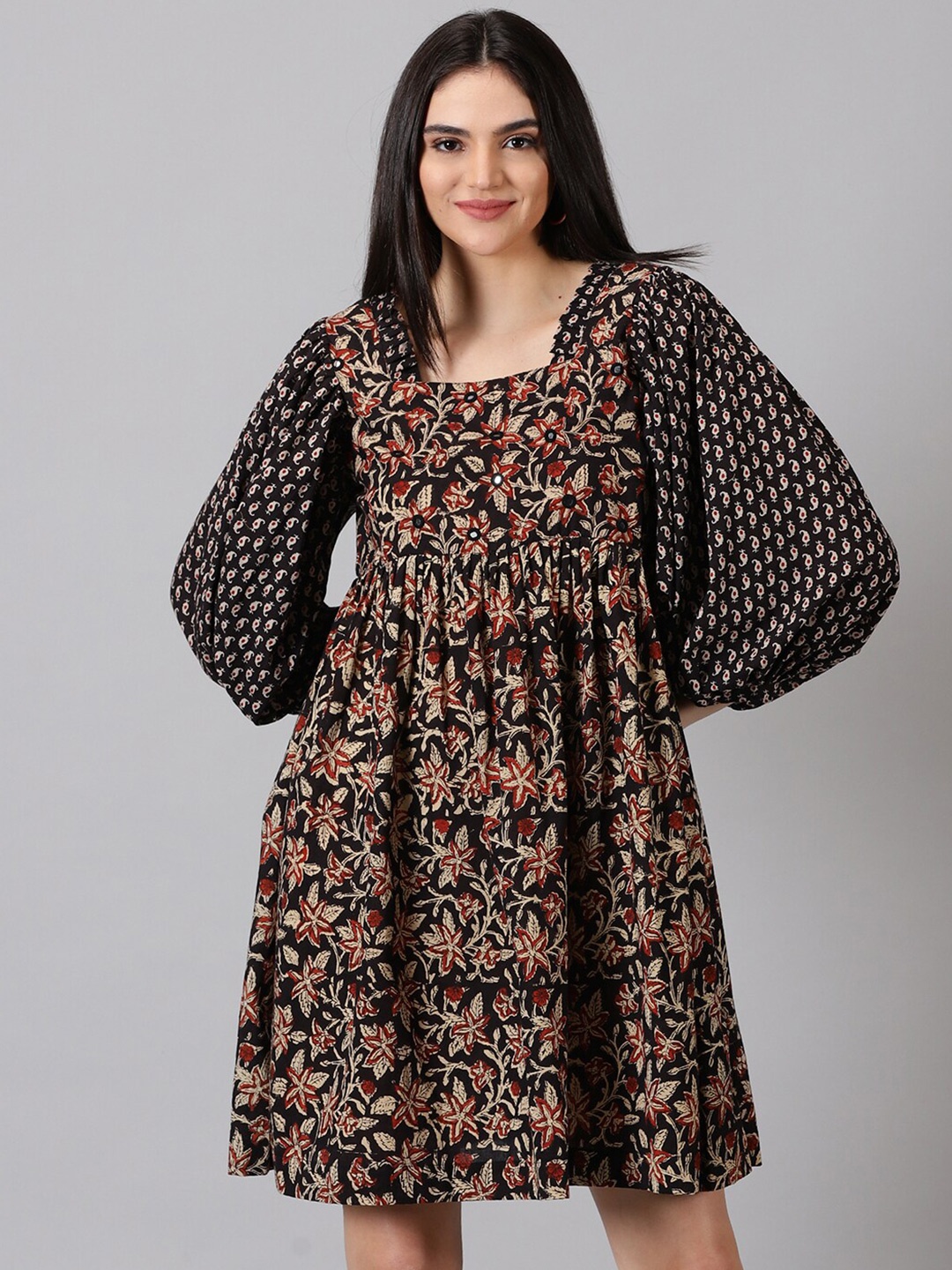 

Jilmil Floral Printed Puff Sleeves Gathered Detail Cotton Empire Dress, Black