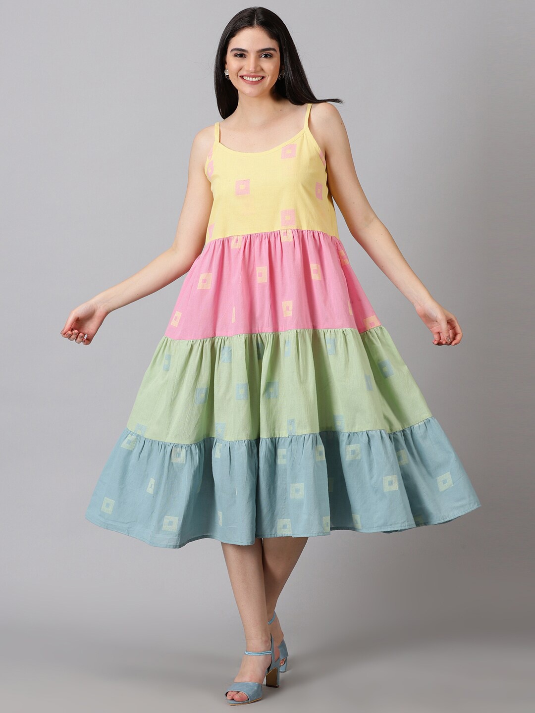 

Jilmil Colourblocked Shoulder Strap Gathered Cotton Fit & Flare Midi Dress, Yellow