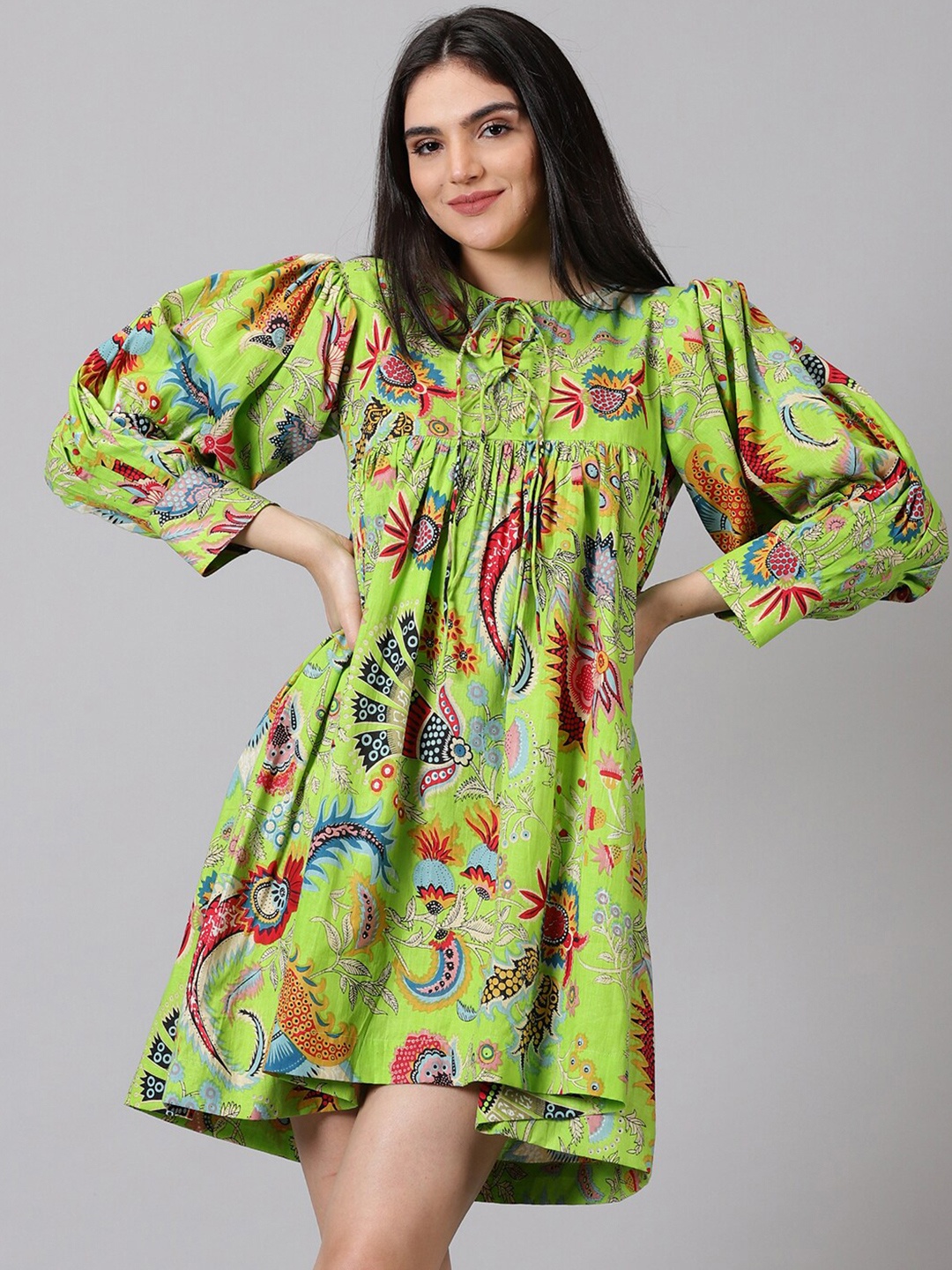 

Jilmil Floral Printed cuffed Sleeves Tie Up Neck Cotton A-Line Dress, Green