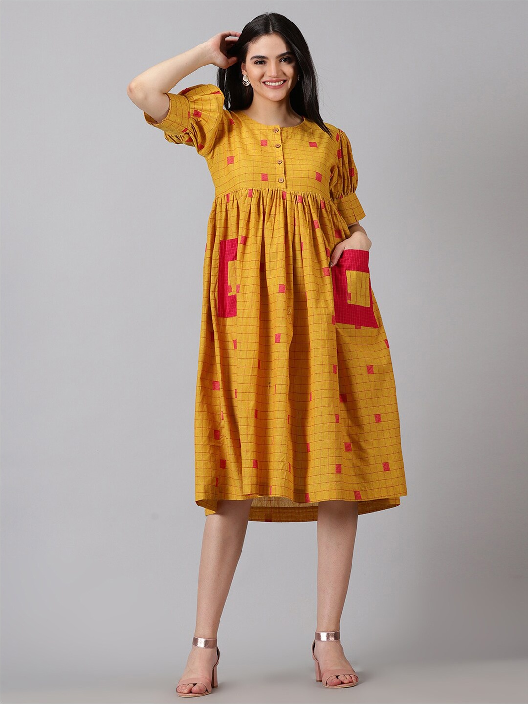 

Jilmil Checked Puff Sleeves Cotton Fit & Flare Midi Dress, Mustard