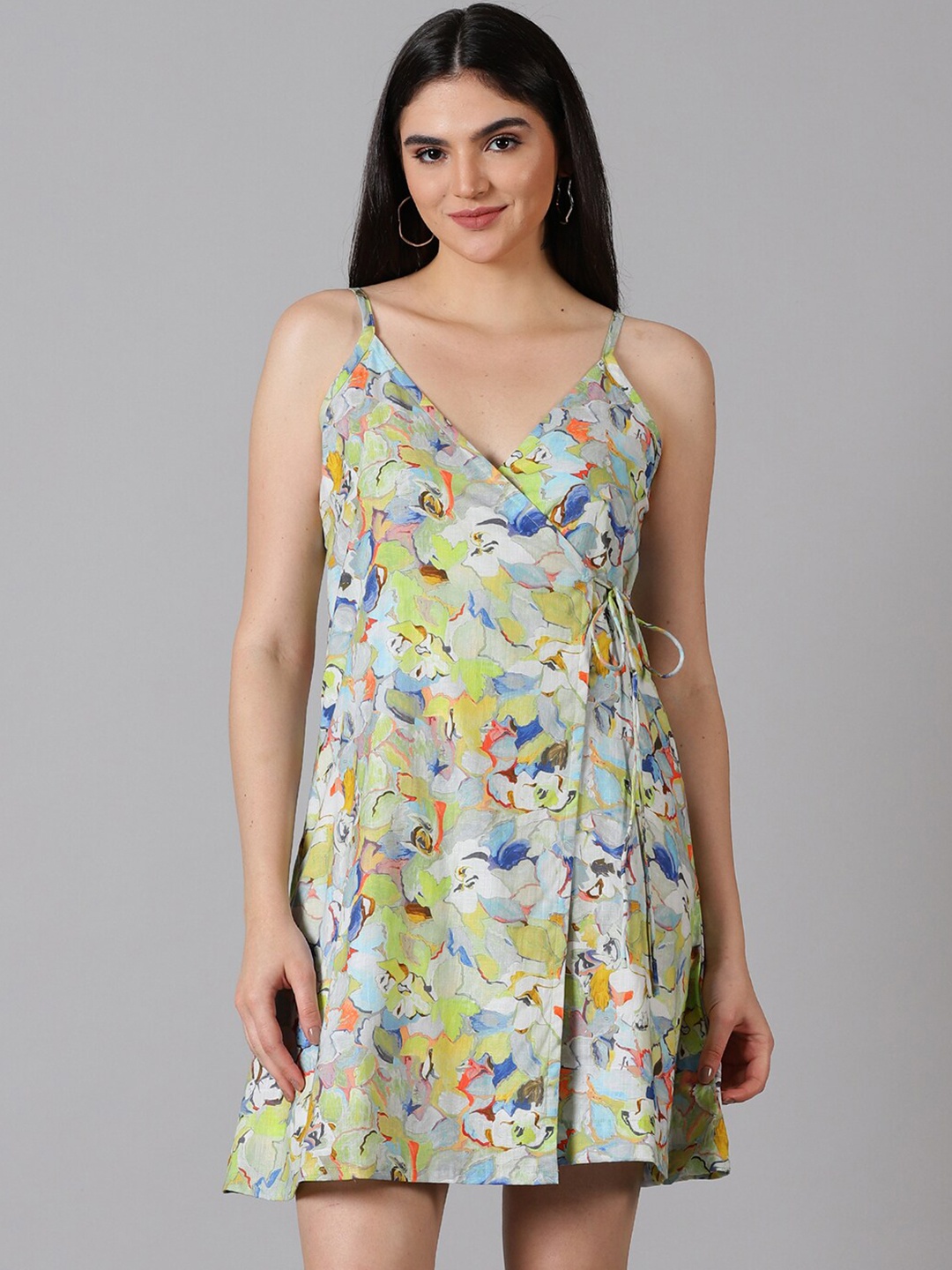 

Jilmil Floral Printed Shoulder Strap Tie Ups Cotton Wrap Dress, Yellow