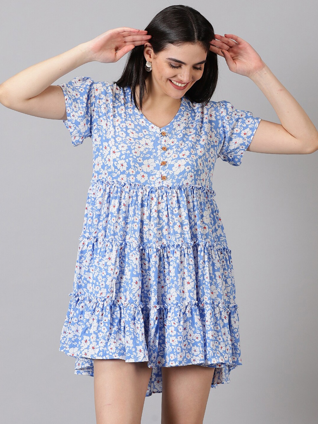 

Jilmil Blue Floral Printed Puff Sleeves Gathered Tiered A-Line Mini Dress