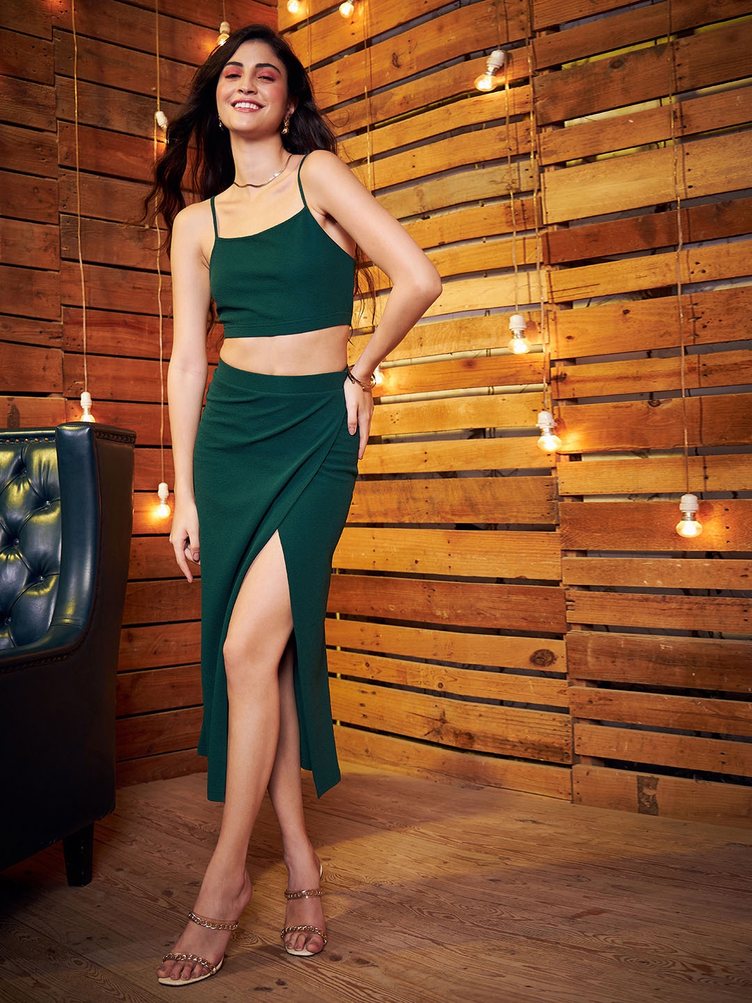 

Berrylush BASICS Green Crop Top With Split Thigh Skirts
