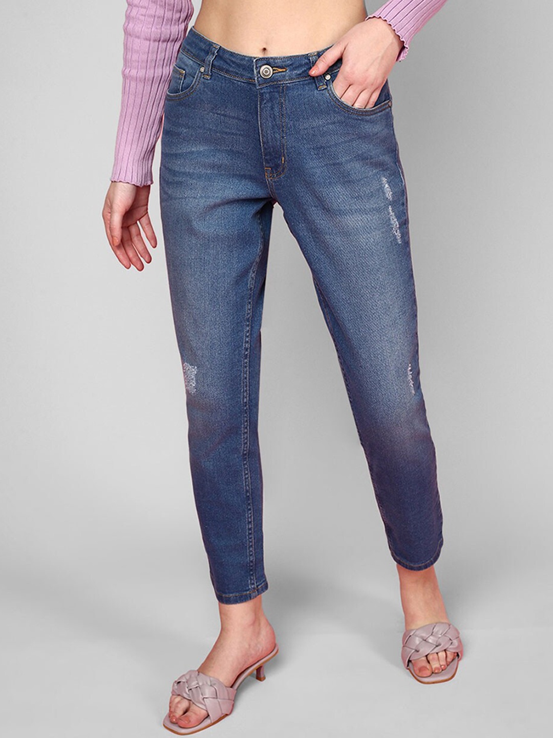 

JUNEBERRY Women Original Slim Fit Low Distress Heavy Fade Stretchable Jeans, Blue