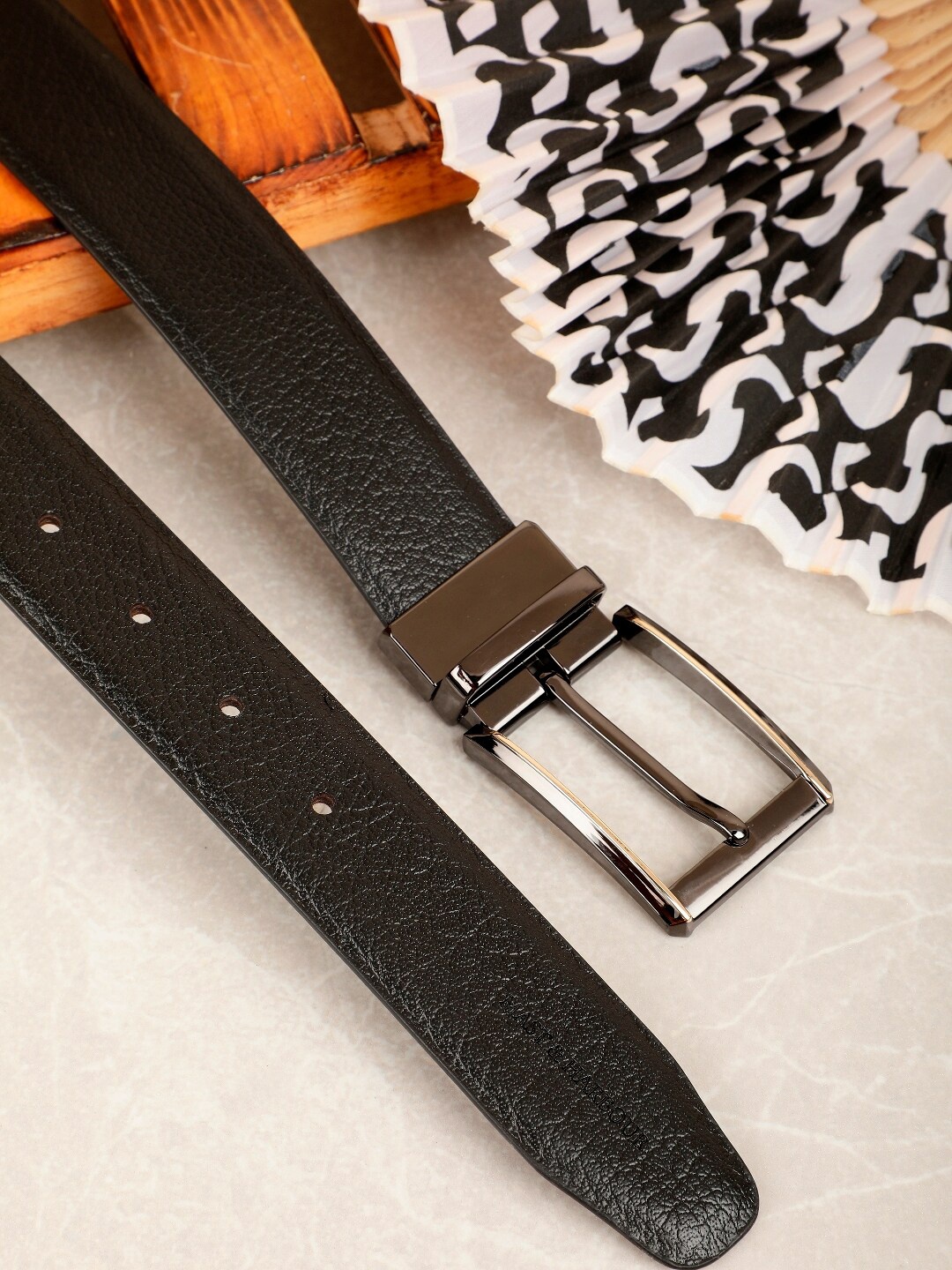 

Mast & Harbour Men Black Textured Leather Reversible Formal Belt