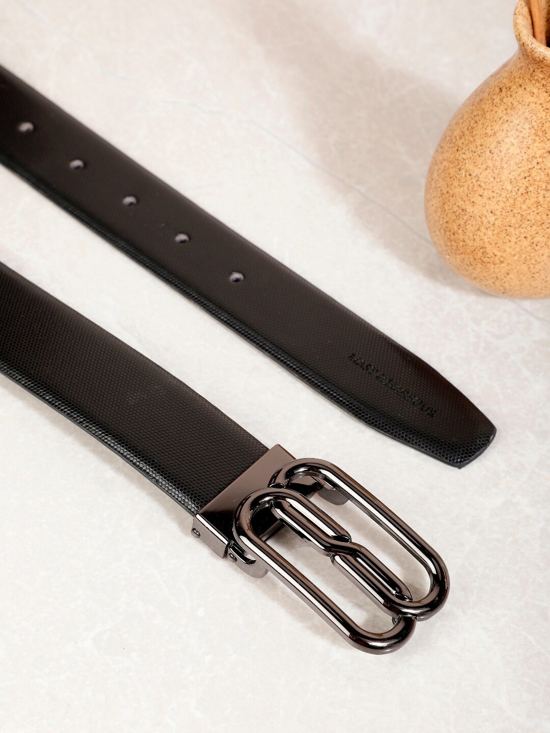 

Mast & Harbour Men Black Textured Leather Reversible Formal Belt
