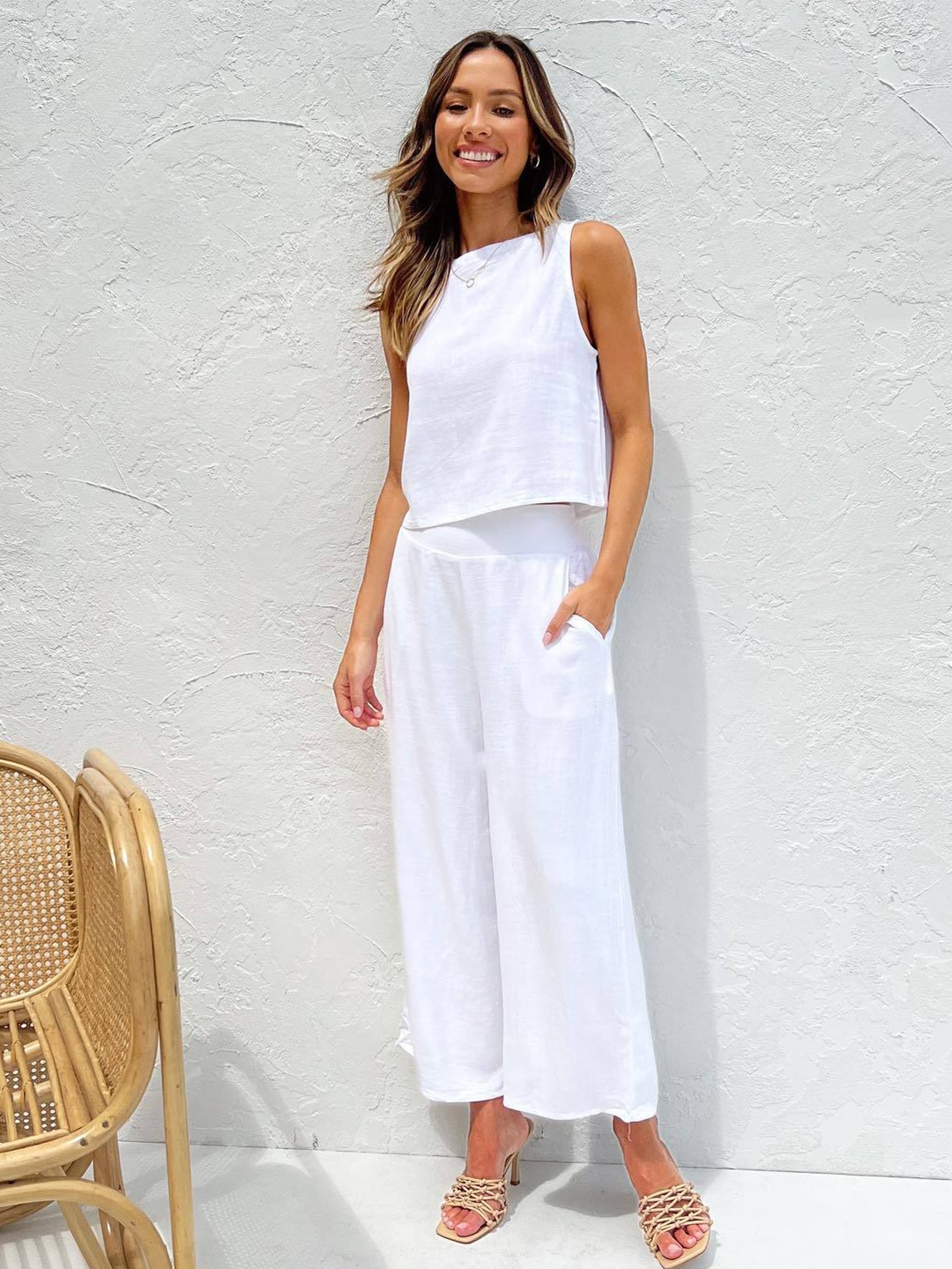 

BoStreet White Styled Back Top With Palazzos