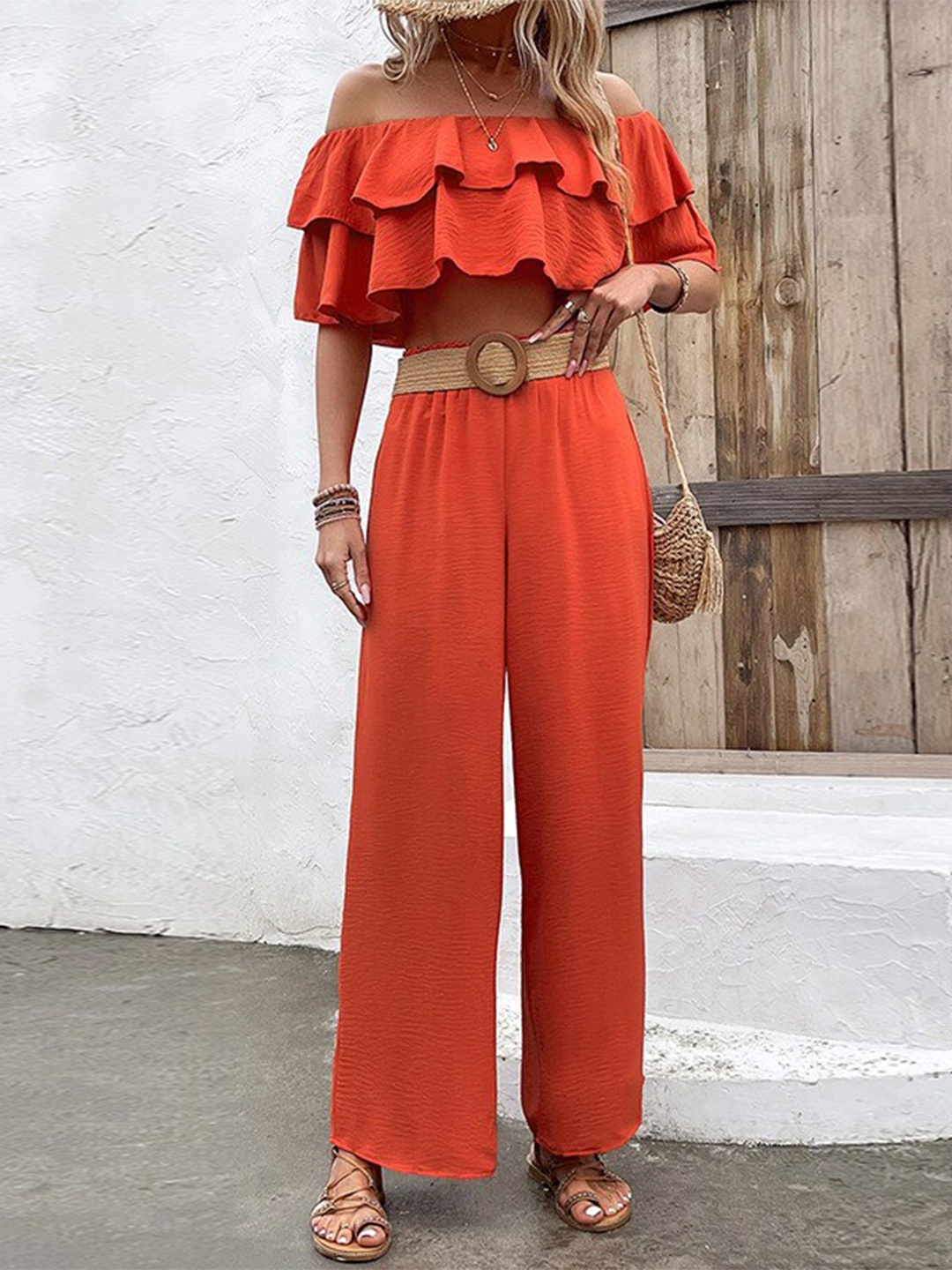 

StyleCast Orange Ruffled Layered Crop Top with Palazzos