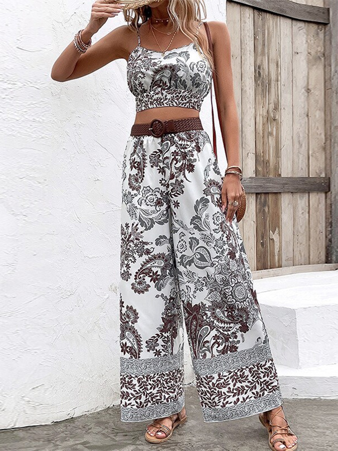 

StyleCast White Ethnic Motifs Printed Crop Top & Palazzos