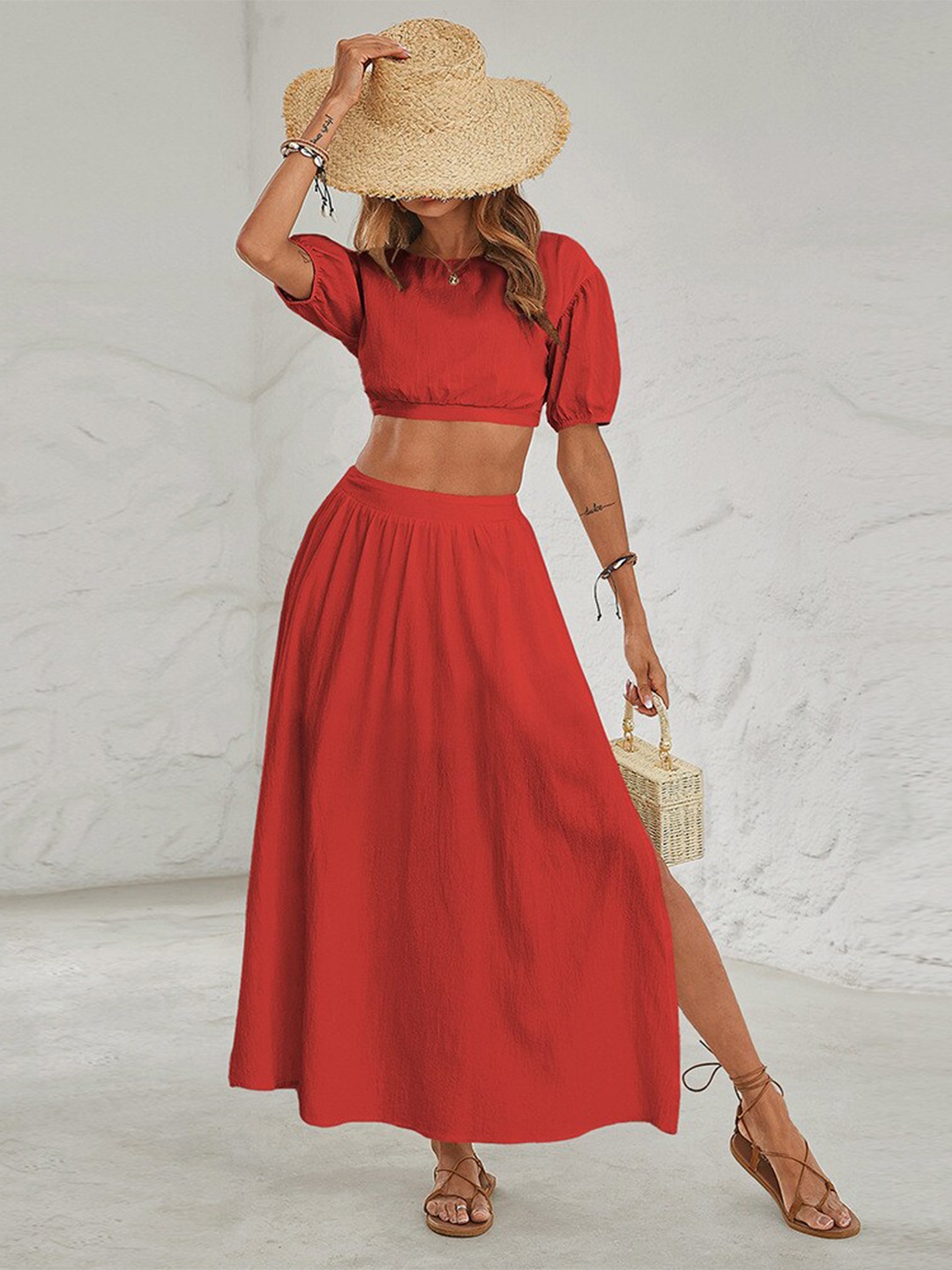 

StyleCast Orange Puff Sleeve Pure Cotton Top and Skirt