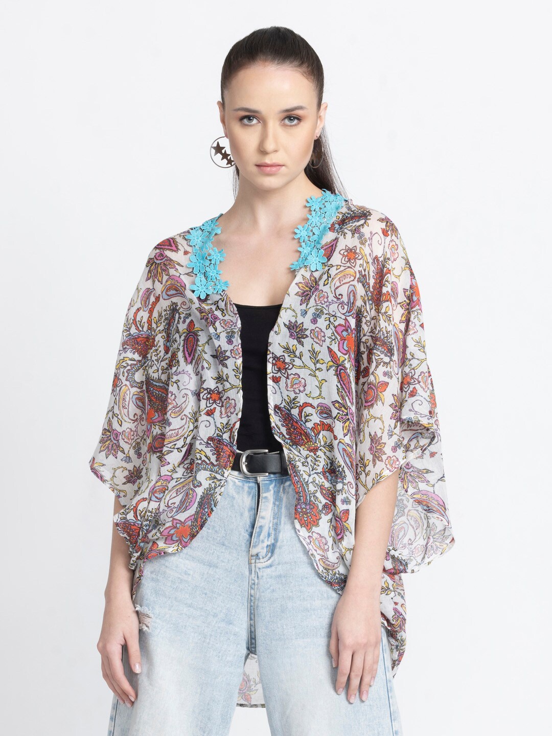 

SHAYE Floral Printed Pure Cotton Open Front Shrug, White