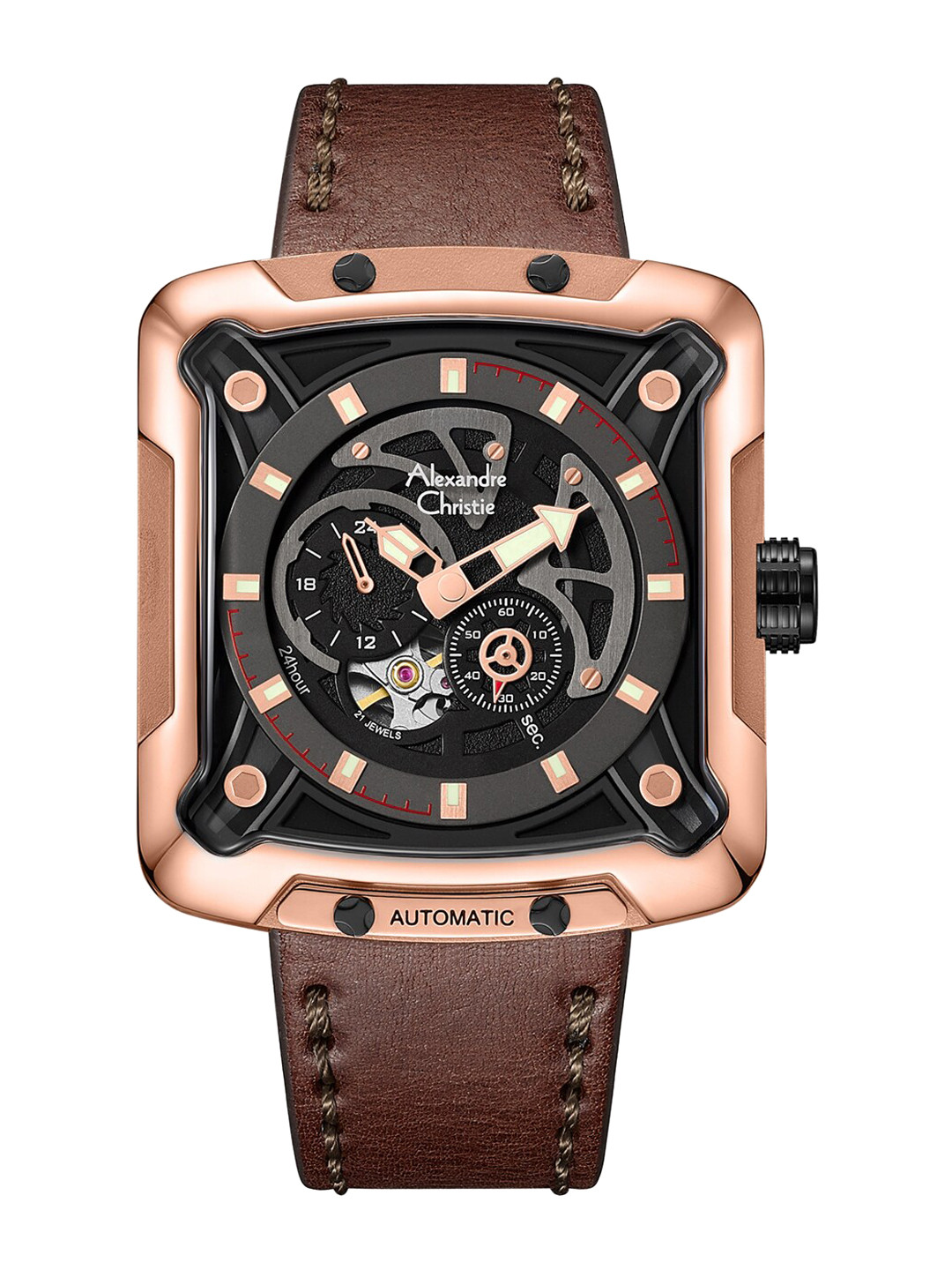 

Alexandre Christie Men Dial Leather Straps Analogue Automatic Motion Powered Watch, Brown