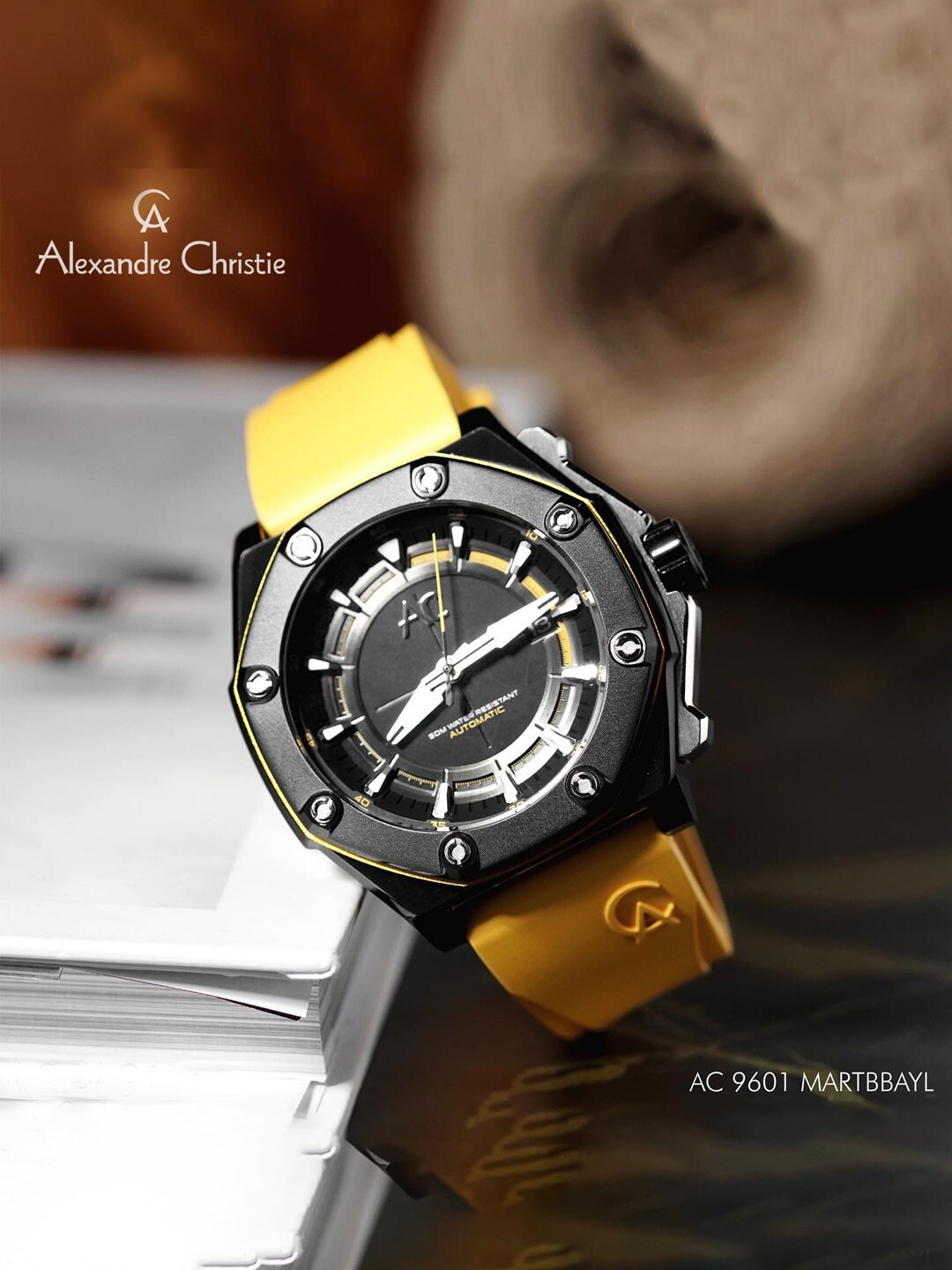 

Alexandre Christie Men Embellished Dial & Straps Analogue Automatic Motion Powered Watch, Yellow