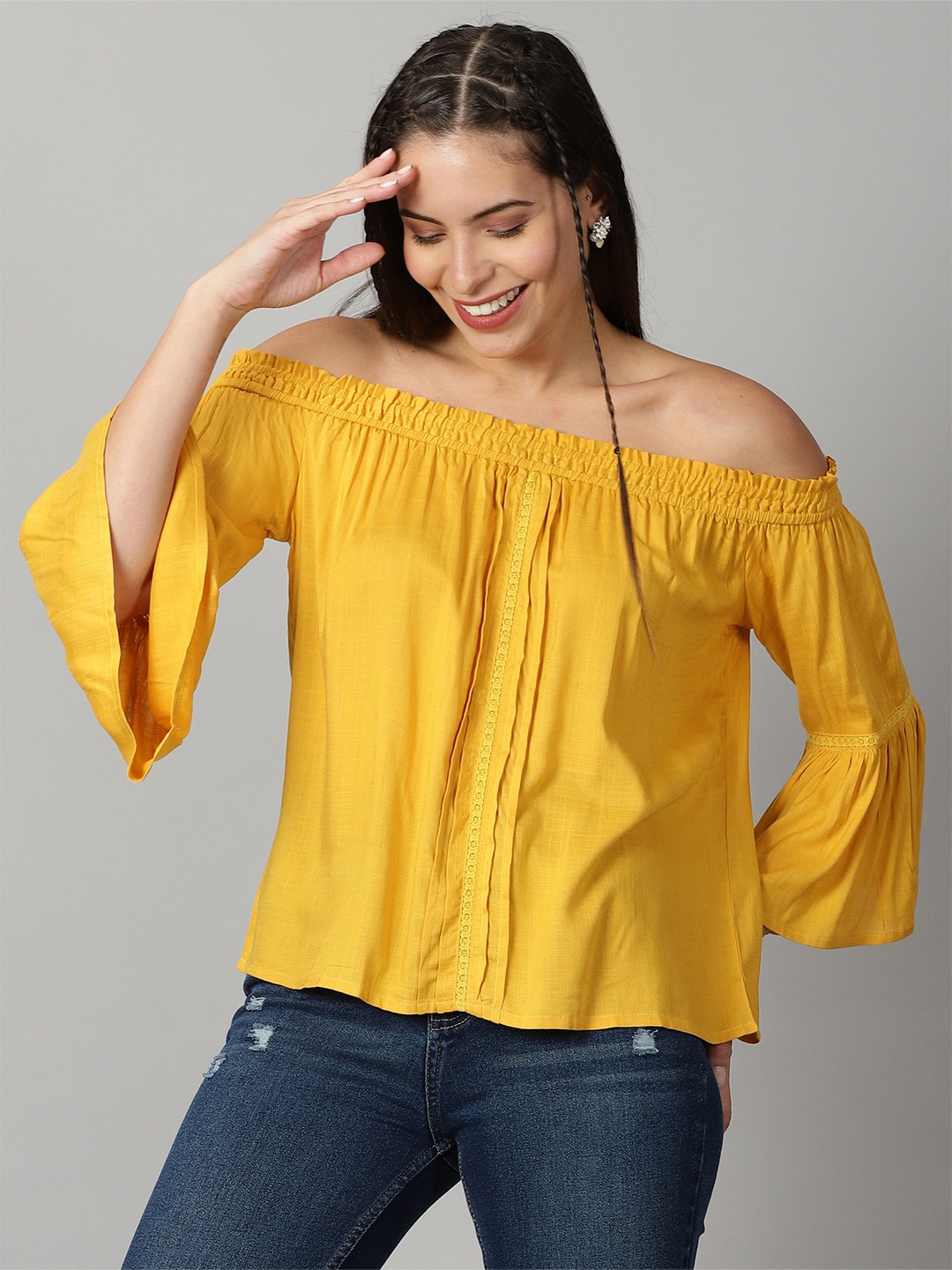 

Saffron Threads Off-Shoulder Bell Sleeve Bardot Top, Mustard