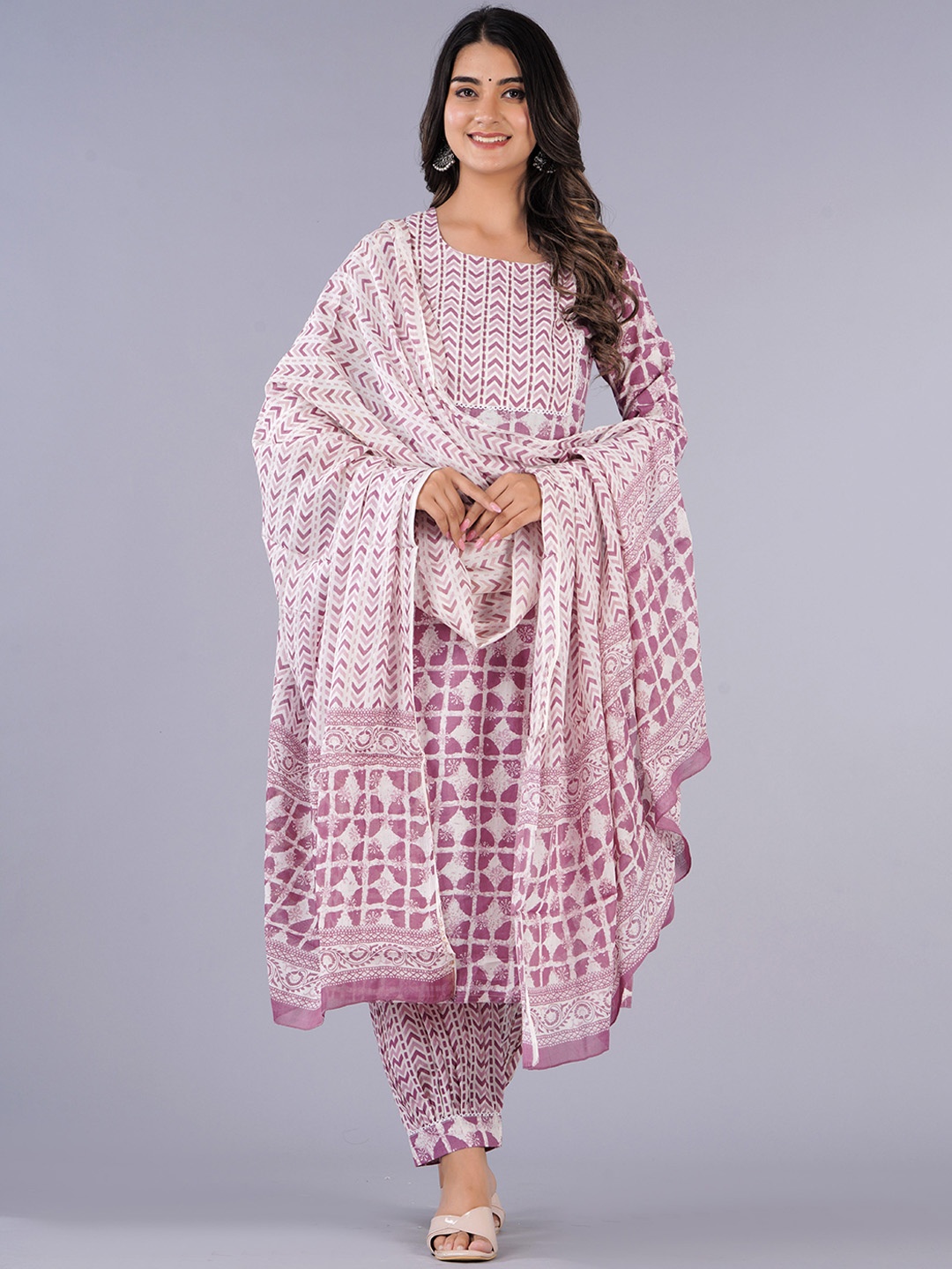 

KALINI Geometric Printed Pure Cotton Kurta with Salwar & Dupatta, Pink