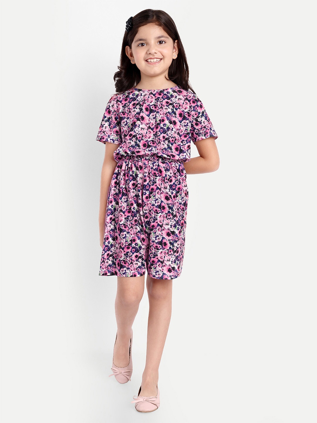 

PAMPOLINA Girls Floral Printed Cotton Playsuit, Purple
