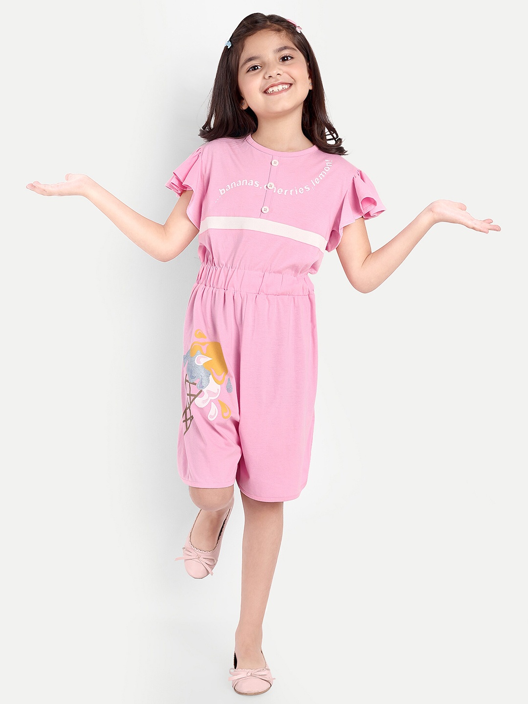 

PAMPOLINA Girls Printed Cotton Playsuit, Pink