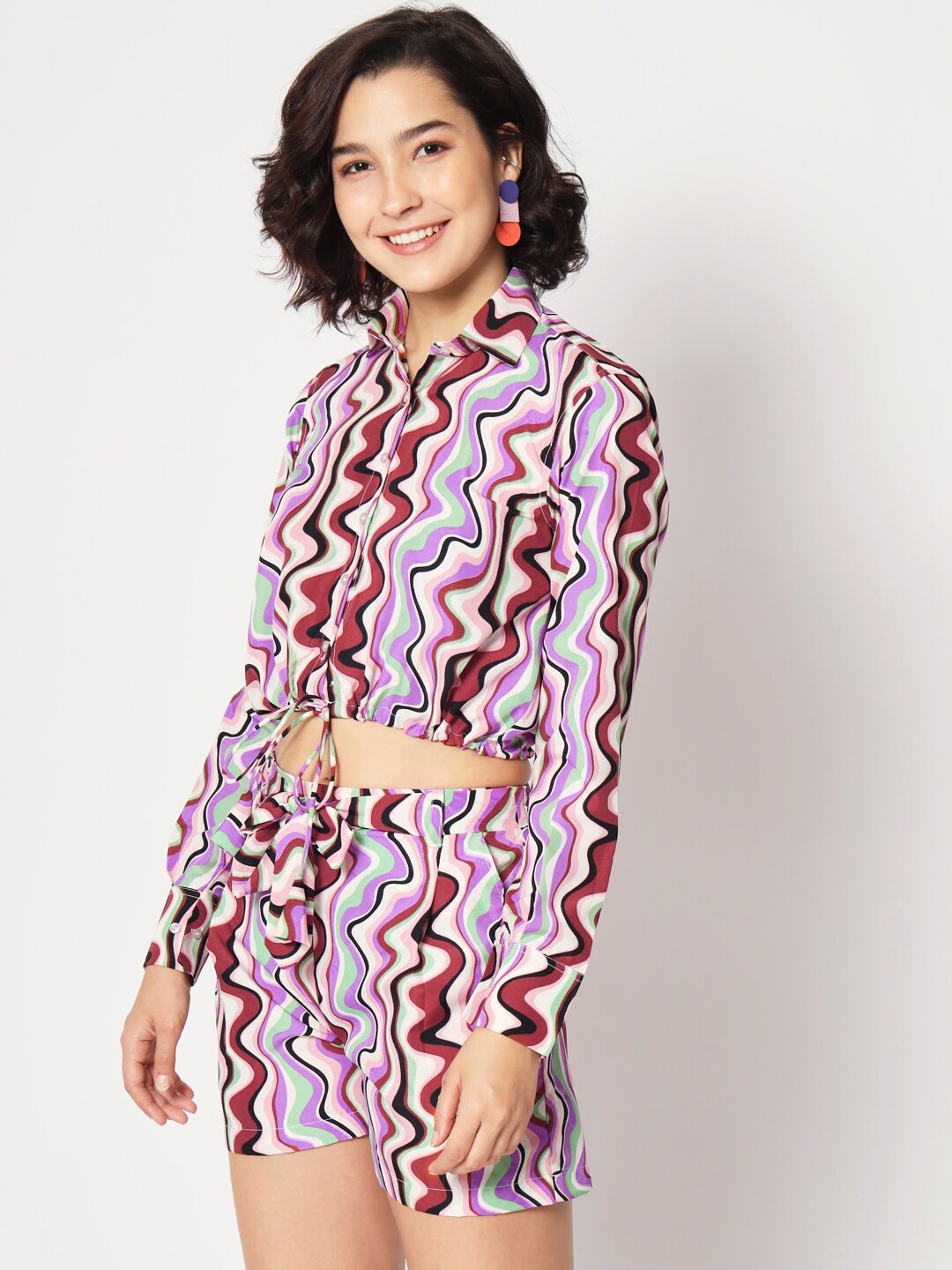 

Mitera Abstract Printed Shirt Collar Casual Crop Top & Shorts, Pink