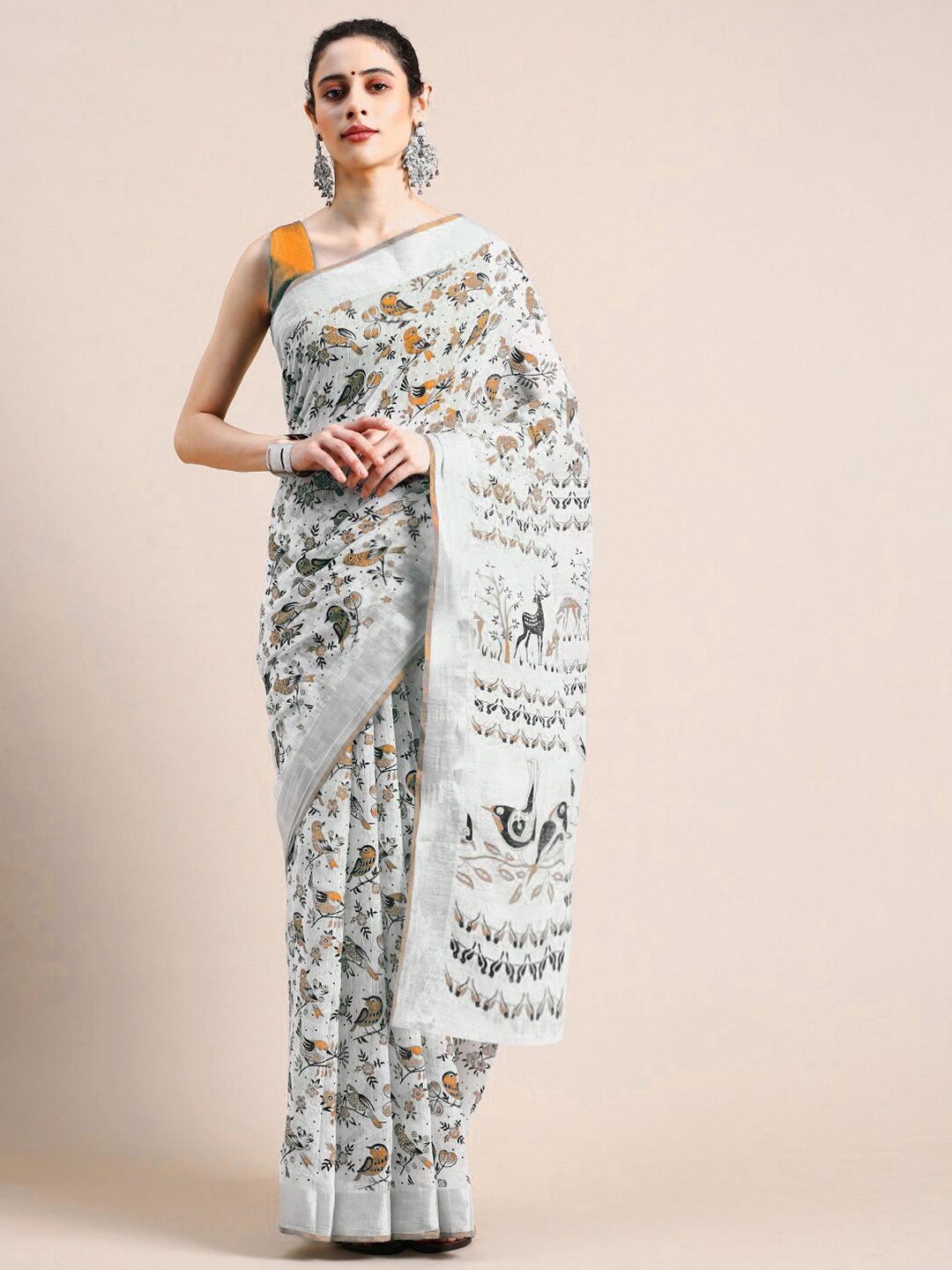 

VAIRAGEE Ethnic Motifs Printed Zari Border Silk Cotton Saree, White