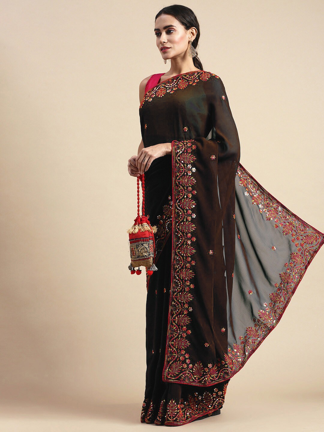 

VAIRAGEE Floral Mirror Work Designer Saree, Brown