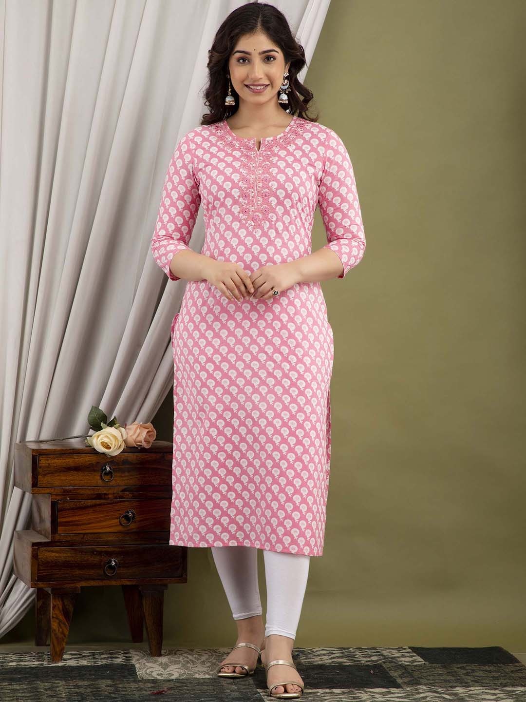

FASHION DEPTH Ethnic Motifs Printed Round Neck Thread Work Cotton Kurta, Pink