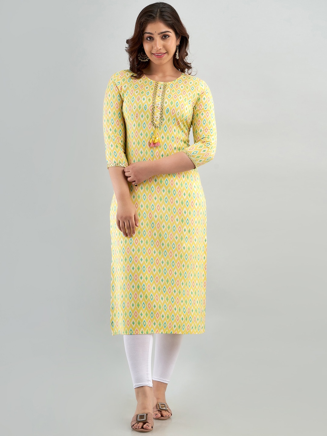 

FASHION DEPTH Geometric Printed Mirror Work Straight Kurta, Yellow