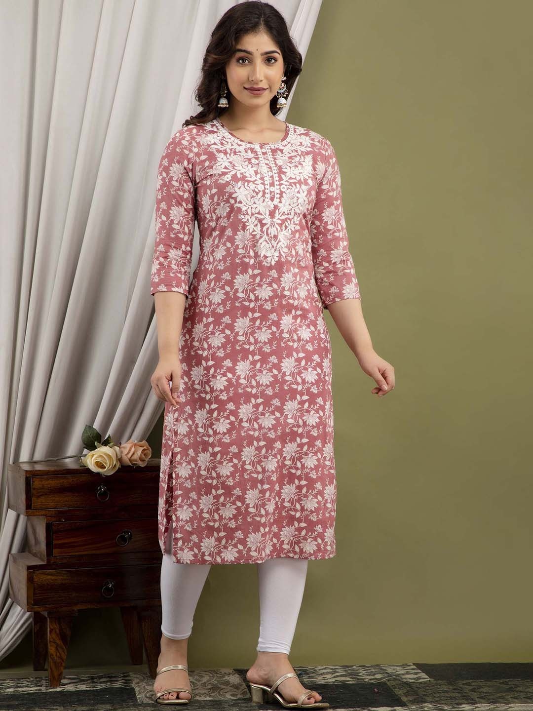 

FASHION DEPTH Floral Printed Thread Work Cotton Straight Kurta, Mauve