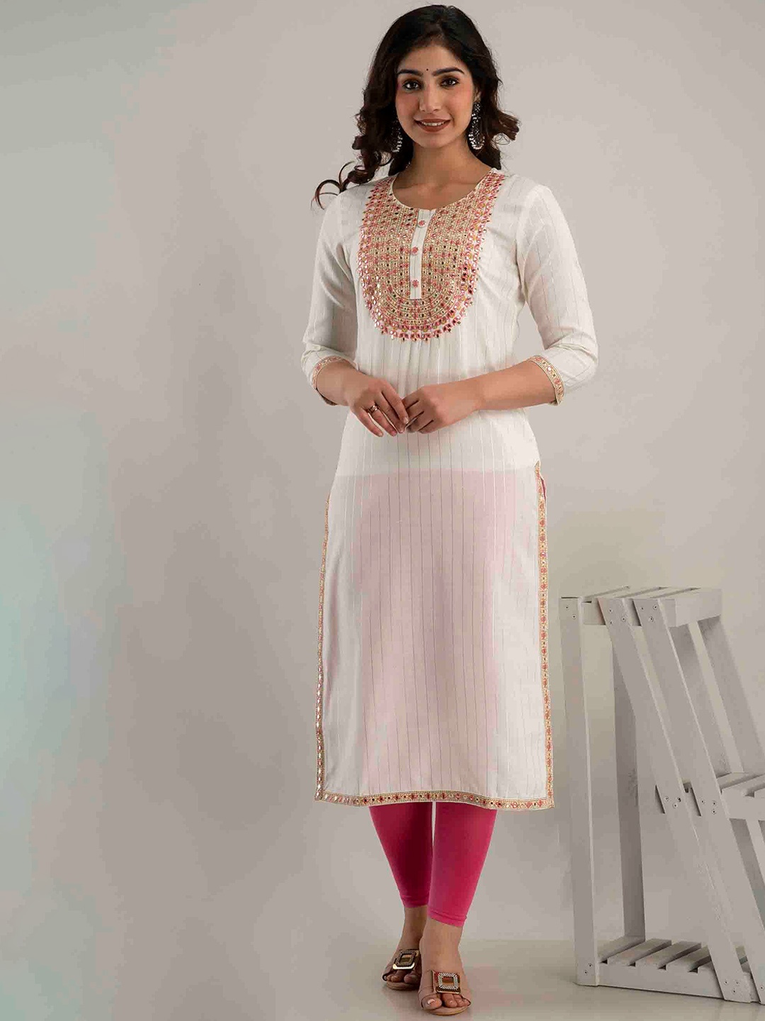 

FASHION DEPTH Striped Mirror Work Yoke Design Straight Kurta, White