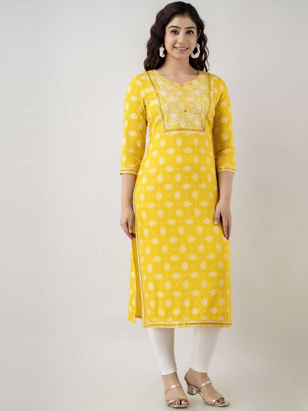

FASHION DEPTH Ethnic Motifs Embroidered Mirror Work Kurta, Yellow