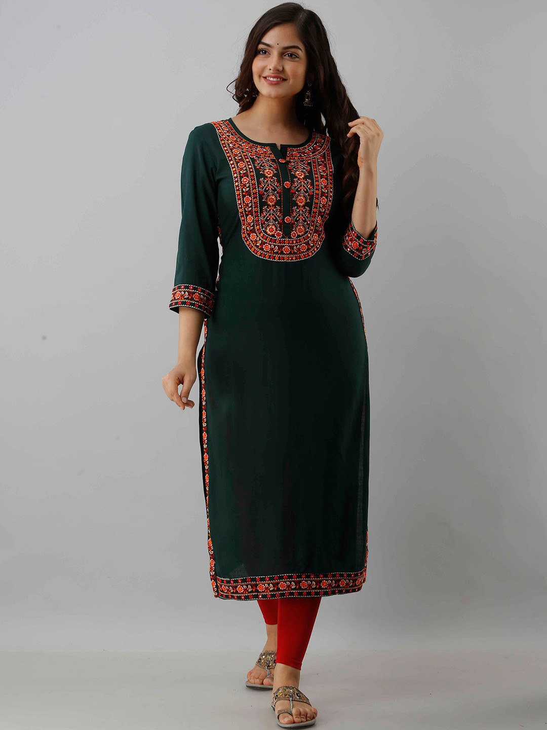 

FASHION DEPTH Floral Embroidered Mirror Work Yoke Design Straight Kurta, Green