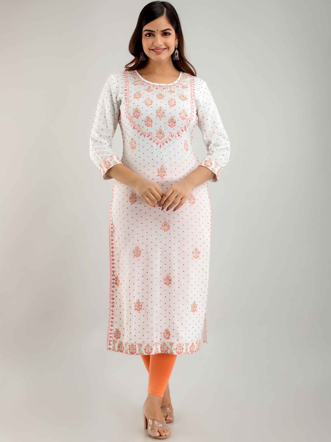 

FASHION DEPTH Ethnic Motifs Embroidered Thread Work Straight Kurta, White