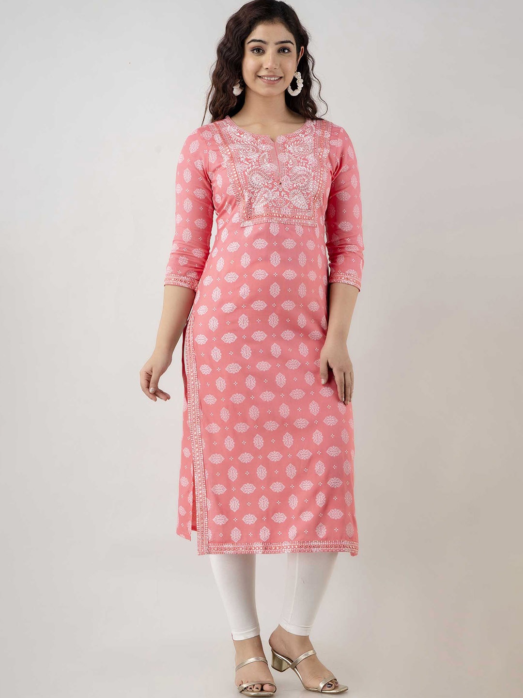 

FASHION DEPTH Ethnic Printed Embroidered Mirror Work Straight Kurta, Pink