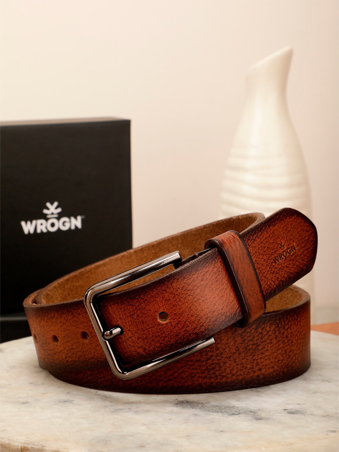 

WROGN Men Textured Wide Leather Belt, Brown